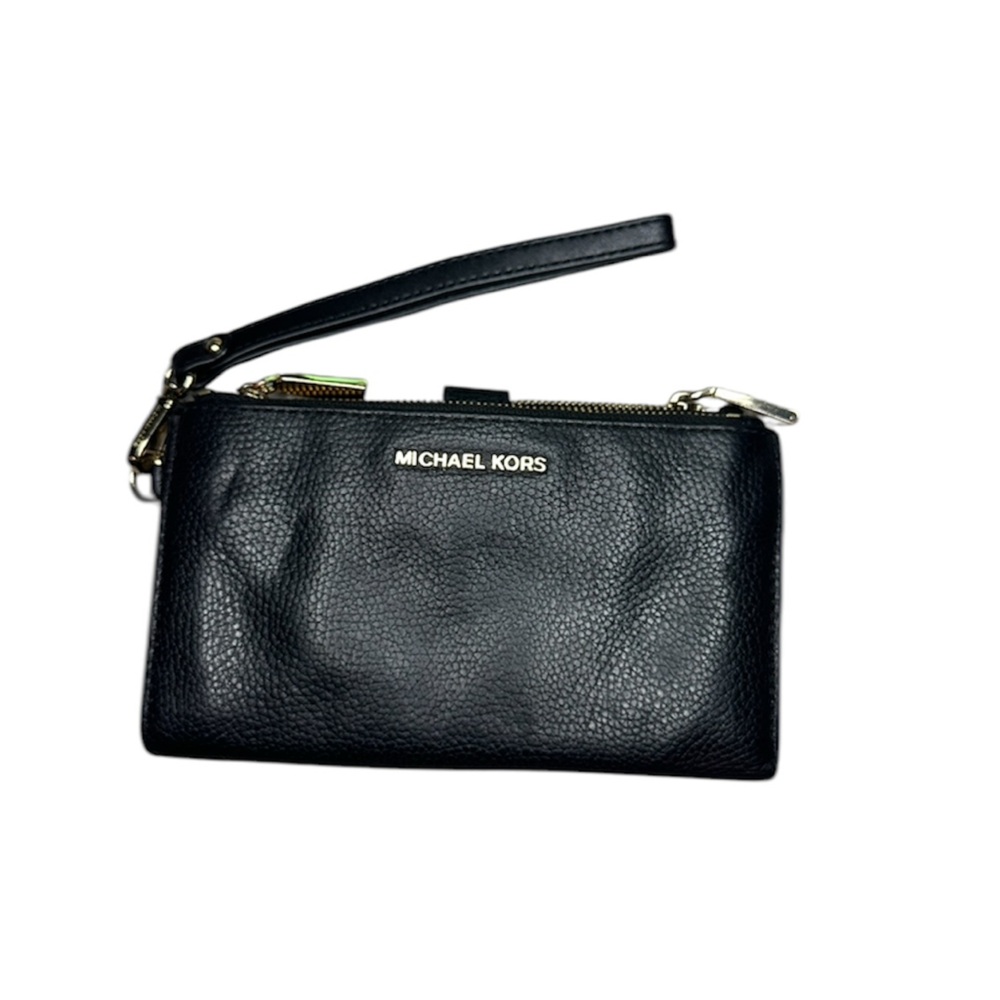 Michael Kors Adele Double-Zip Pebble Leather Phone Wristlet Wallet Black